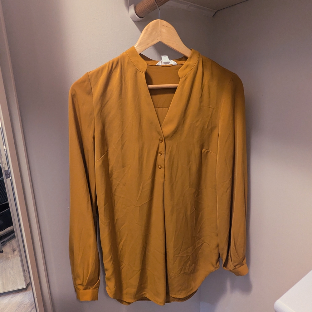Yellow Gold Blouse with V-Neck and Long Sleeves